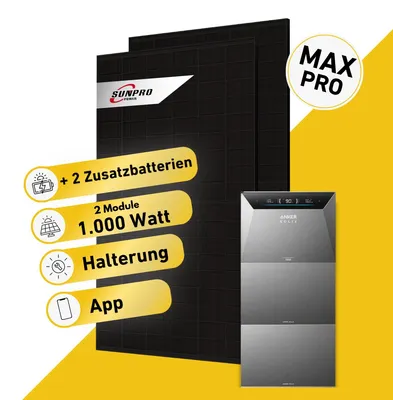 Produktbild von Balkonstrom Balkonkraftwerk 1000W Solaranlage mit Speicher | 2xZusatzspeicher | 2xSolarmodul Bifazial | Anker Solix 4 Pro | Kabel 3m