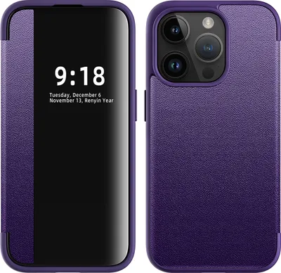 Produktbild von iPhone 15 Pro Hülle, Schlank Kunstleder Klapp Ledertasche Schutzhülle für iPhone 15 Pro Lila