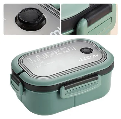 Obrázek produktu pro 1200ml Bento Lunch Box Dvouvrstvý izolační obědový box s vidličkou lžící pro studenty Kancelářské pracovníky Zelená