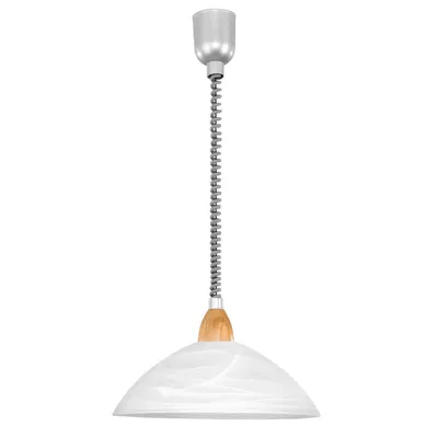 A pendant light with a silver spring, a wooden accent, and a white marble-patterned shade.