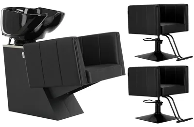 Produktbild von Friseur-Set Dante: Friseurwaschanlage mit 2x Friseurstuhl - Hydraulisch & Drehbar, Neigbares Keramikbecken inkl. Armatur