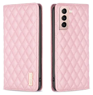 A pink quilted flip-style phone case for a Samsung Galaxy S21 5G is shown from two angles.