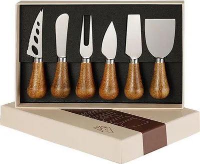 Produktbild von Westliche Besteckset (6-teilig): Käsemesser aus Acaciaholz, Brotmesser aus Edelstahl, Buttermesser, Käsemesser.
