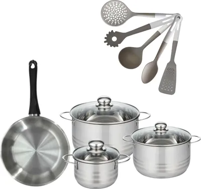 Image de Batterie de cuisine avec 3 faitouts 16/20/24 cm et 1 poêle 24 cm avec 5 ustensiles de cuisine Fackelmann Généva Brillant Vario