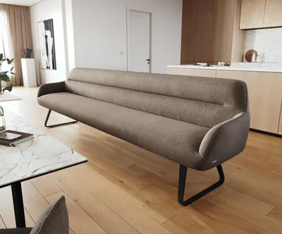 Produktbild von DELIFE Esszimmerbank Taya-Flex 300 cm Strukturstoff Soft Taupe Kufengestell flach Schwarz Taschenfederkern