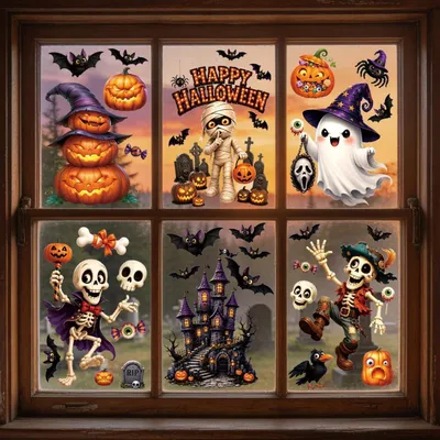 Obrázok produktu pre Halloween, samolepky na okná, opakovane použiteľné, 9 listov, PVC, obojstranné, dekorácie na párty