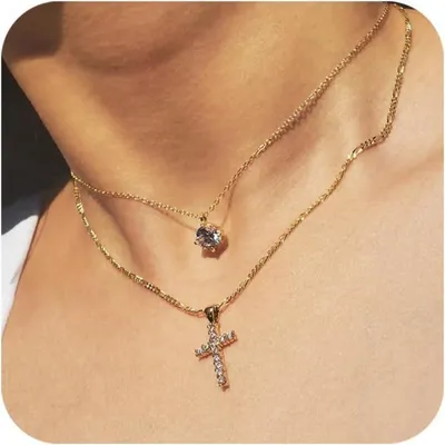 Zdjęcie produktu dla TINGN Cross Chain Złoty łańcuszek damski 14-karatowy pozłacany naszyjnik z kryształkami