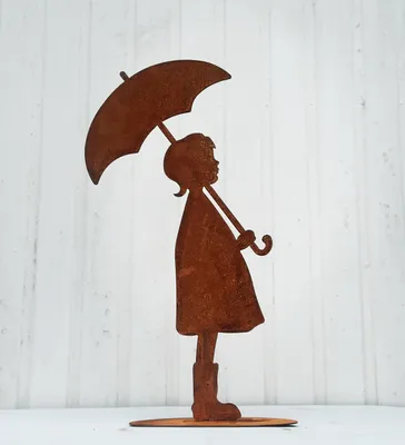 Produktbild von Gartenfigur Mädchen mit Schirm 60cm auf Platte Edelrost Gartendeko Wetterfest Rost Metall Rostfigur Kind mit Regenschirm