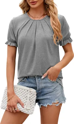 Image de ASKSA T-Shirt Femme Eté Manches Courtes Puffaermel Shirts Tops Casual Tee Elegant Tops, Gris, Taille : M