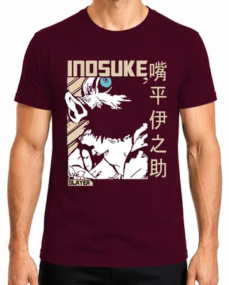 Productafbeelding van Inosuke Demon Slayer Wildsvarkenmasker, anime-fandaart, cadeau, Japan, Y2K streetwear, heren T-shirt, bordeauxrood, maat XL