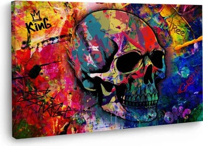Produktbild von Skull Pop Art Abstract Wandbild Leinwandbild Kunstdruck XL Deko: 90x60x4cm