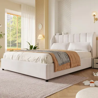 Produktbild von Polsterbett Samt mit Kopfteil & Lattenrost, gepolstertes Plattformbett, Beige, 140 x 200 cm