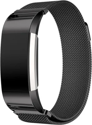 Image de Bracelet en maille en acier inoxydable pour Fitbit Charge 2, style milanais, avec fermeture magnétique, grande taille, couleur noire