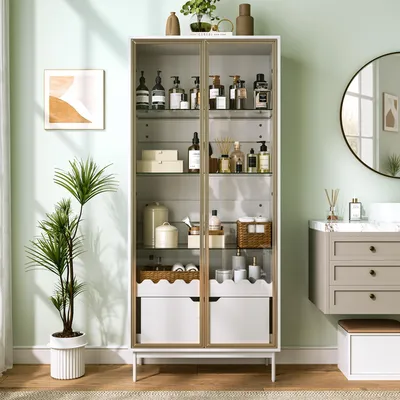 Produktbild von Flieks Hochschrank mit Glastür, höhenverstellbaren Glasregalen, Buffetschrank mit Schublade, Metallfüßen, Sideboard 75x35x170.8cm, Weiß+Gold