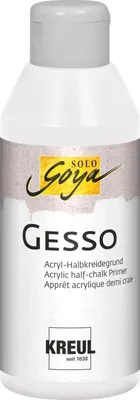 A white bottle of KREUL SOLO Goya Gesso primer with text and logos on the label.