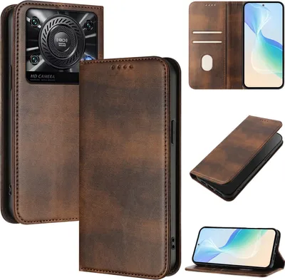 Produktbild von Handyhülle für Oukitel C60, Vintage Leder RFID Schutz Kartenfach Standfunktion Magnetische Klapphülle Braun