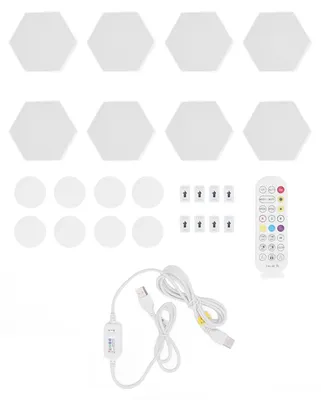Productafbeelding van 8 sets hexagonale lichtpanelen met spraakbesturing, geluidsopname, muziek synchronisatie, RGB LED's, Bluetooth-app en afstandsbediening