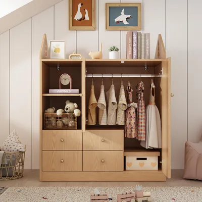 Produktbild von Merax Kinderkleiderschrank mit 2 Türen und 4 Schubladen, Kinderschrank mit Kleiderstange und offenen Regalen, Haus-Design, Vitrine, Eiche-Optik
