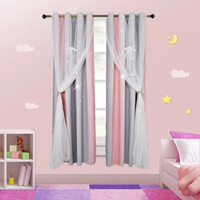 Produktbild von Vorhänge Sterne Verdunkelungsvorhänge, Bunte Double Layer Hollow Out Streifen Fenstervorhänge, 1 Panel (52*84 Zoll, Rosa)