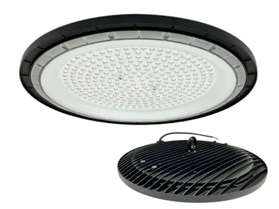 Two UFO high bay LED lamps are shown against a white background. One lamp is shown from a top-down perspective, displaying its LED array. The second lamp is shown from a side perspective, displaying its ribbed heat sink.