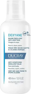 A white bottle of Ducray Dexyane Anti-Scratching Emolient Balm.