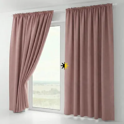Two pink curtains hanging on a window.