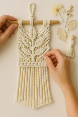 Hands are shown working on a macrame wall hanging with a leaf pattern, with dried flowers and seed pods arranged nearby.