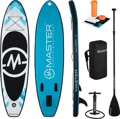 A collection of paddleboard equipment laid out on a white background.