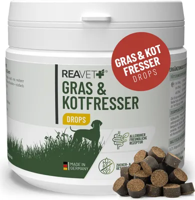 Produktbild von REAVET Gras & Kotfresser Drops für Hunde – Sekundierend bei Sodbrennen, Grasfressen, Kotfressen I Getreidefreie Hundesnacks mit Säureblocker I Hundeleckerlis für Magen & Darm I 350g (180 Stück)