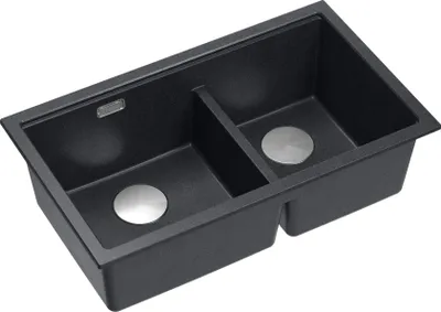 Produktbild von QUADRON Spülbecken 2-Becken Spüle | Größe: 78 x 50 x 23,5 cm | LOGAN 120 | Unterbauspüle Granitspüle aus GraniteQ mit Siphon | Schwarz + Stahl PVD