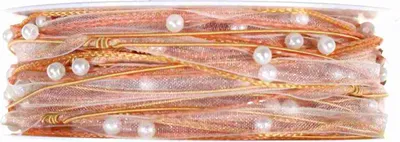 Produktbild von 15m Dekoband Schleifenband Geschenkband Organza Perlen Schnur Kordel Perlenkordel, Farbe:aprikot