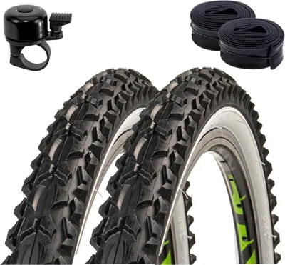 Obrázok produktu pre 2 x Roverstone 26" bicyklové pneumatiky čierne/biele 57-559 (26x2,125) + 2 duše AV vrátane bicyklového zvončeka