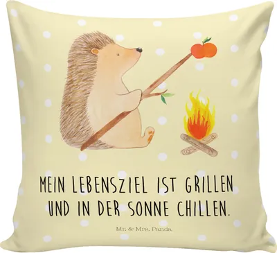 Produktbild von Mr. & Mrs. Panda kissen für sofa Igel Grillen - Gelb Pastell - Geschenk, 40x40, Lustige Sprüche, Ziele, Motivation, Polster, Deko, Spruch, kuschelkissen, Arbeitslos