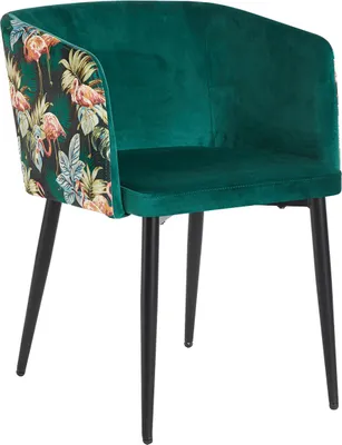 A single chair with a green velvet seat and back, featuring a tropical pattern with flamingos on the sides.