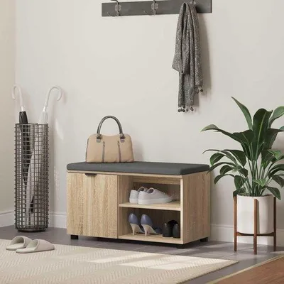 Obrázek produktu pro Lavička s polštářem – vstupní lavička – úložný prostor a sedací plocha – skrytý úložný prostor – rozměry 80 x 38 x 46 cm, materiál: dřevo, barva: šedá