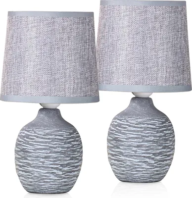 Produktbild von 2er Set BRUBAKER Tisch- oder Nachttischlampen 27 cm Steingrau Keramik Lampenfüße mit Struktur und Leinen Schirme