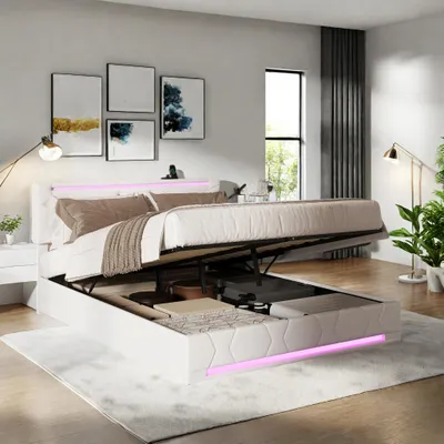 Image de Lit coffre 160x200 cm en tissu beige avec bandes LED tête/pied de lit, prises USB et tête réglable