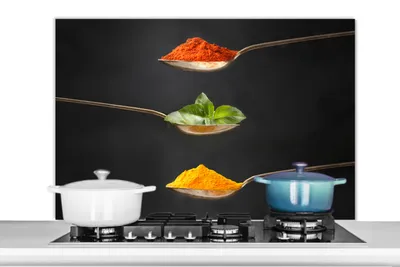 Produktbild von KitchenYeah®  Spritzschutz Küche - Küchenrückwand - Wandschutz für Herd und Spüle - Kräuter - Löffel - Gewürze - Schwarz - Italienisch 100x65 - Alu-Dibond (Alternative zum Spritzschutz aus Glas) - Hit