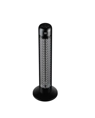 A black tower heater with a perforated grille and a digital display on top, isolated on a white background.