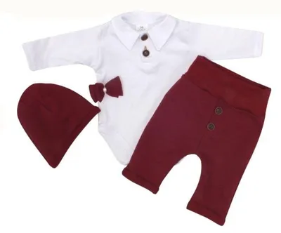 Imagen del producto de Conjunto de 4 piezas para bebé: body, pantalones, gorrito y pajarita, color blanco/burdeos, talla 80