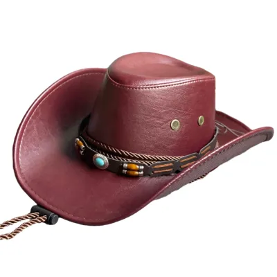 Produktbild von Retro-Cowboyhut im ethnischen Stil mit Gürteldekor, Kunstleder, Westernhut, Cowboyhut für Damen und Herren, Vintage, Gentleman-Hut, verstellbar, Cowgirl-Jazzhut, Weinrot