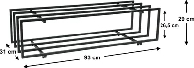 A black metal shoe rack with two shelves, shown from a slightly elevated angle with dimensions indicated by text and arrows.