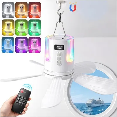 Produktbild von Ø40cm Tragbarer Zeltventilator mit Licht, Hängeventilator klein mit 10800mAh,Aufladbarer Deckenventilator 4 Stufen & Fernbedienung,Bohrfrei montierbar