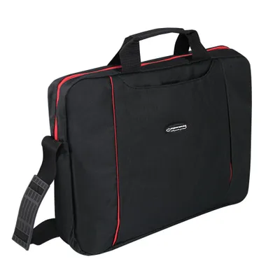 A black laptop bag with red trim and a logo on a white background.