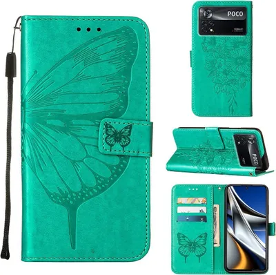 Produktbild von Xiaomi Poco X4 Pro 5G Hülle, Schmetterling Prägung Flip Leder Kartenfächer Schutzhülle Ledertasche mit Ständer für Xiaomi Poco X4 Pro 5G Grün