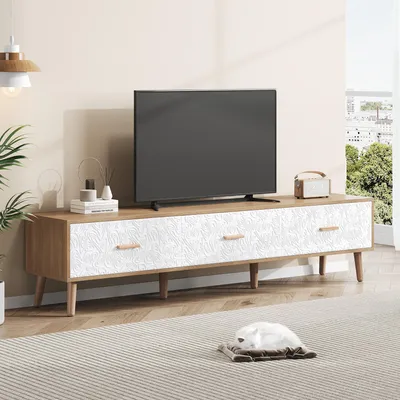 Produktbild von Merax TV Lowboard mit 3 Schubladen, TV-Schrank mit Vintage Holz, Retro Design mit weißer Türstruktur, TV-Ständer für TV bis 70 Zoll, Helles Holz