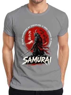 Immagine prodotto di Maglietta da uomo, colore grigio, con stampe a tema samurai, bushido, Giappone, katana, guerriero, Fuji, sole, stile retrò, anni 2000, ronin, taglia S