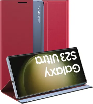 Produktbild von Samsung Galaxy S23 Ultra Hülle, Slim Flip Leder Smart View Window Klappetui Schutzhülle mit Standfunktion für Galaxy S23 Ultra Rot