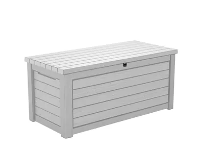 A white outdoor storage box with a slatted lid and sides, shown from a three-quarter angle on a white background.