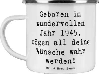 Produktbild von Mr. & Mrs. Panda becher emaille Spruch 1945 Geburtstag - Weiß - Geschenk, Teetasse, Glückwunsch, besondere Geburtstagsgeschenke, Blechtasse, Tasse, Alter, Glückwünsche